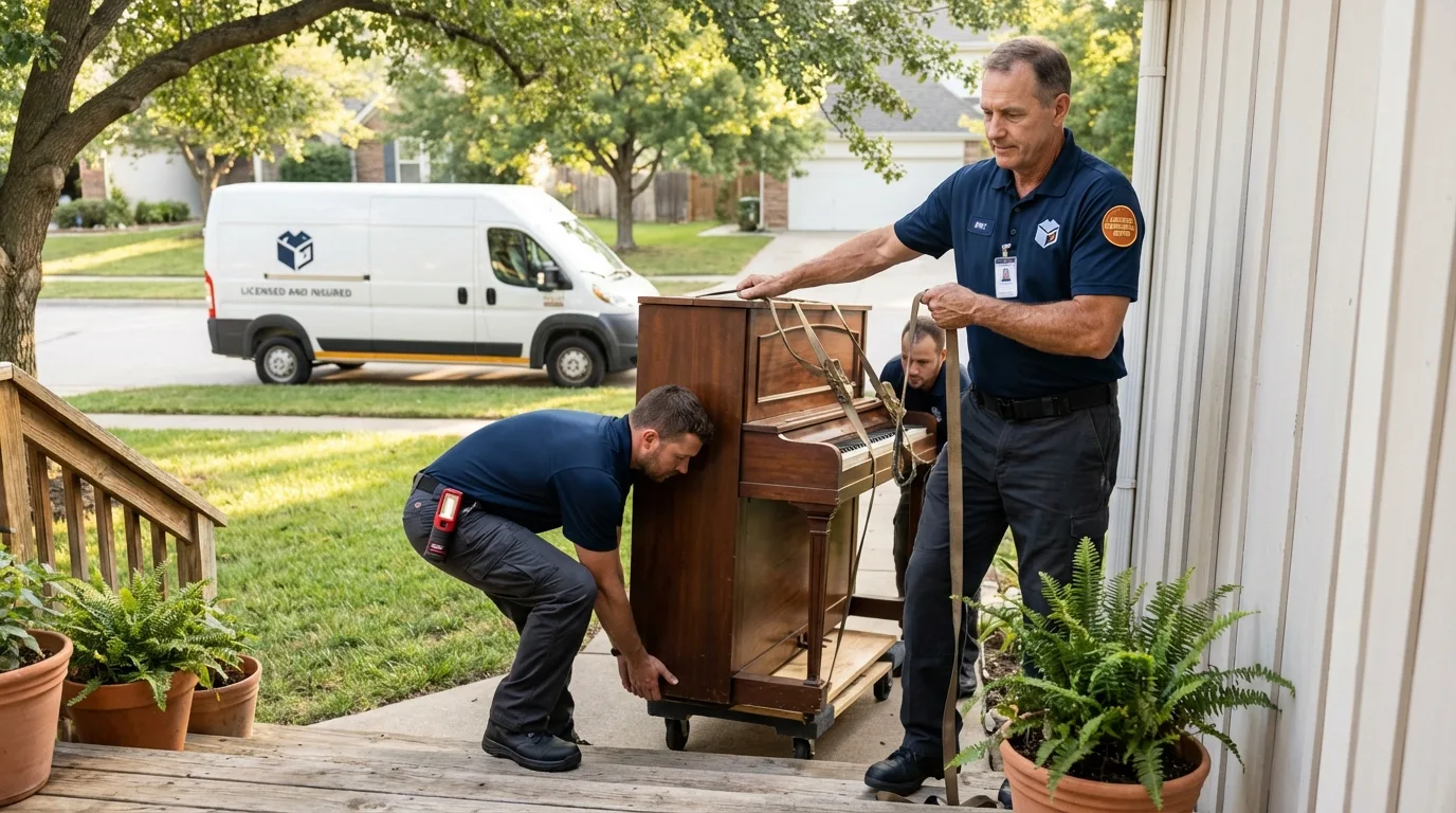 Licensed piano movers securing grand piano in Rochester, PA