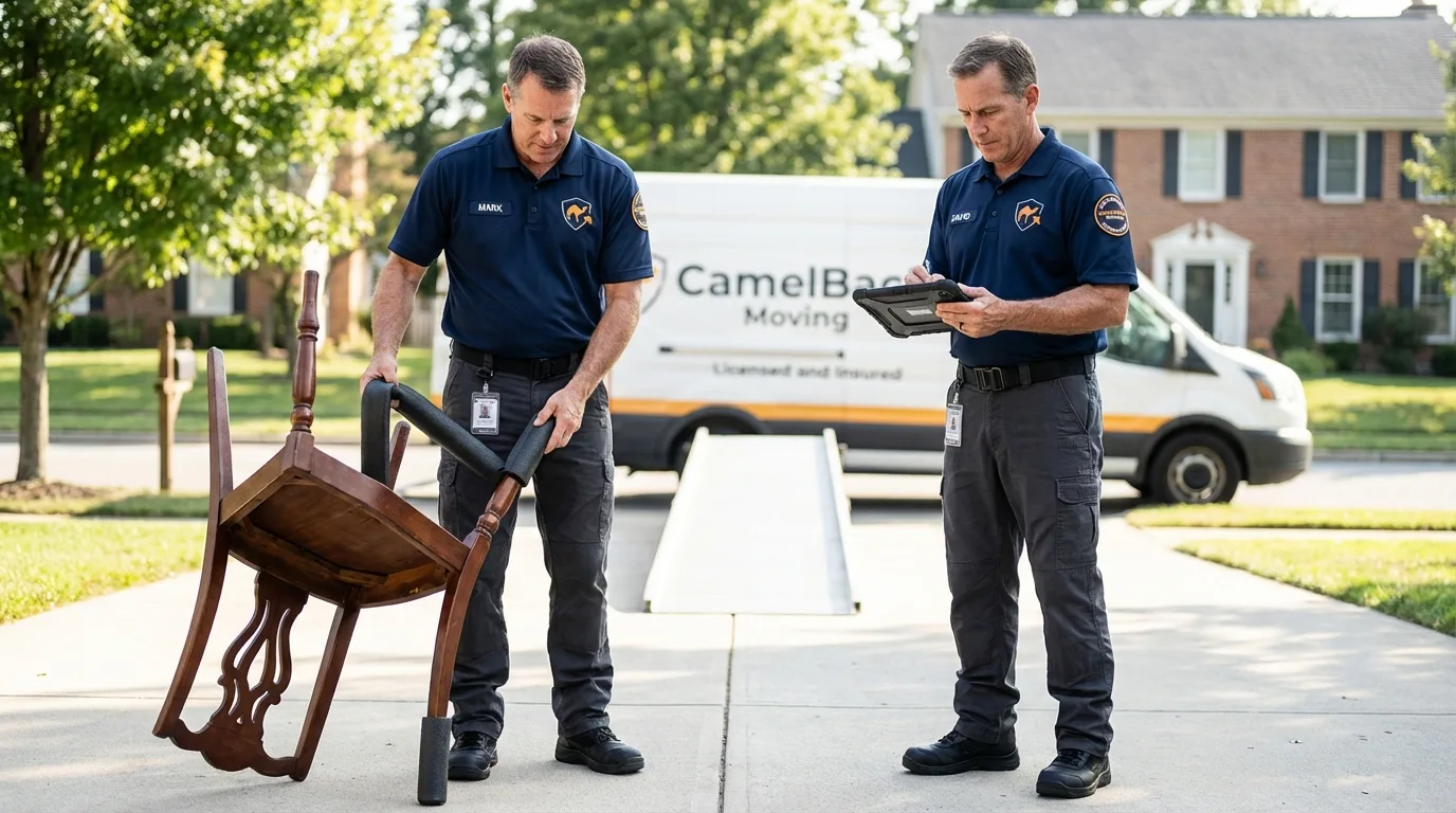 Movers inspecting furniture for damage prevention before loading in Rochester, PA