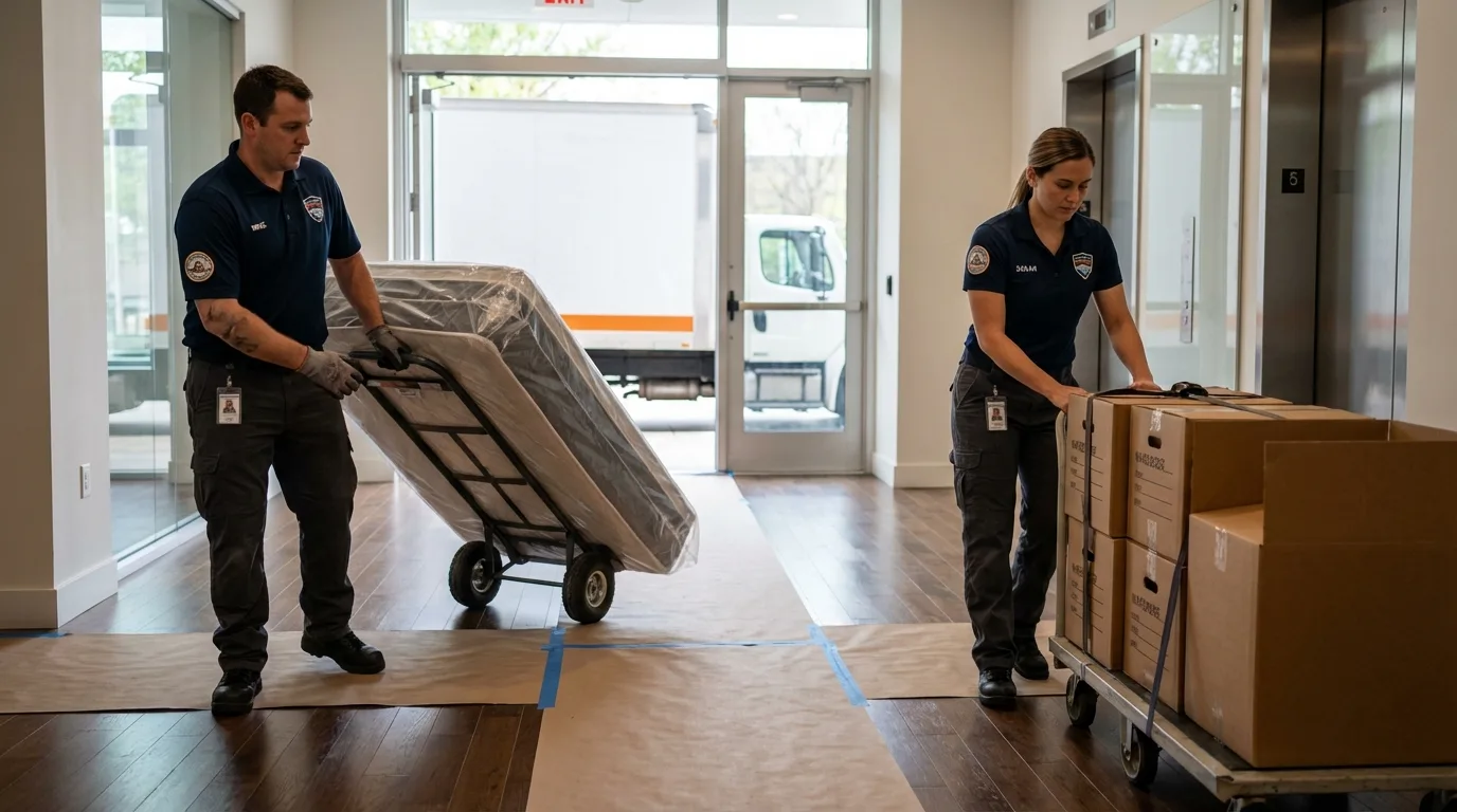 Professional apartment movers loading elevator in Rochester, PA