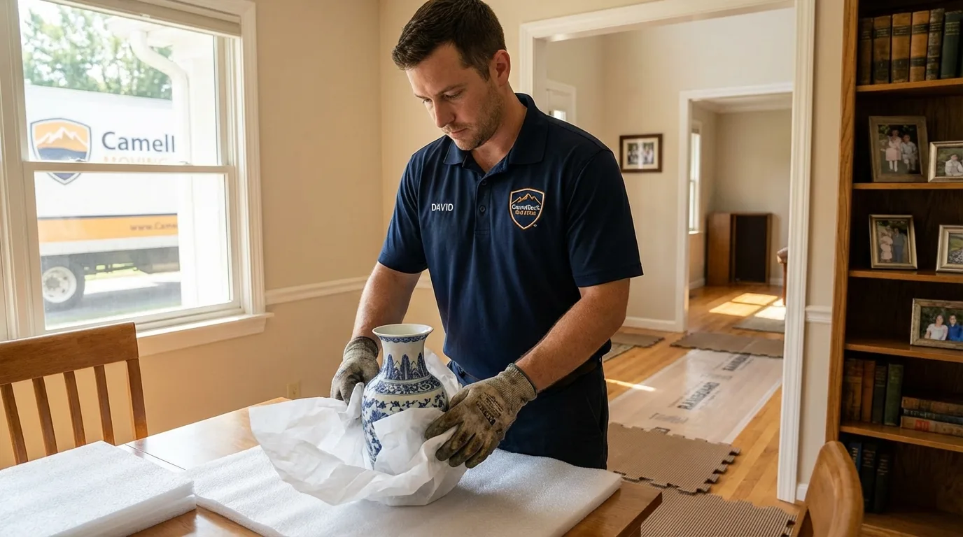 Professional crew carefully wrapping antique vase for senior downsizing move in Rochester, PA